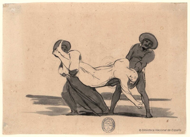 Two men carry a dead or fainting woman