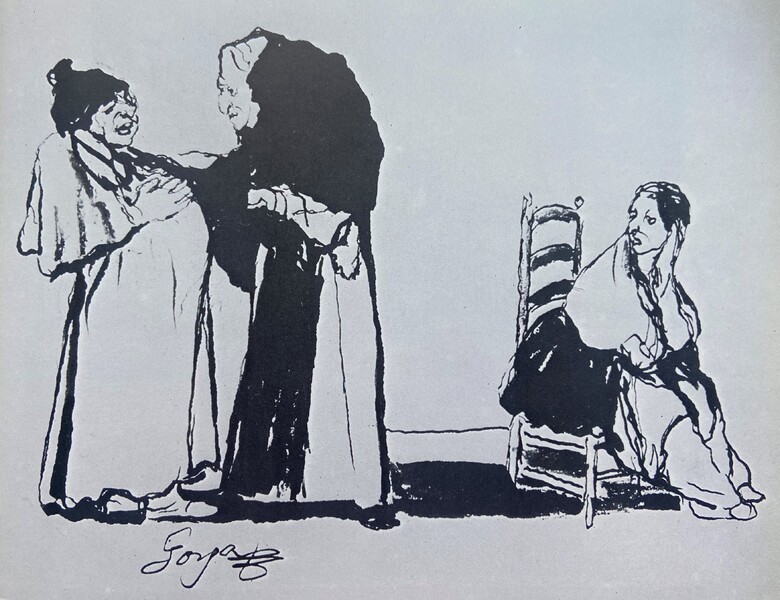 Dos religiosos grotescos observados por una mujer sentada en una silla