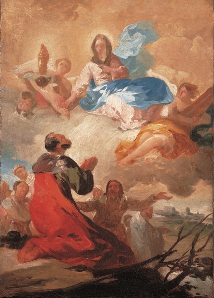 Venida de la Virgen del Pilar y aparición al apóstol Santiago y convertidos (boceto)