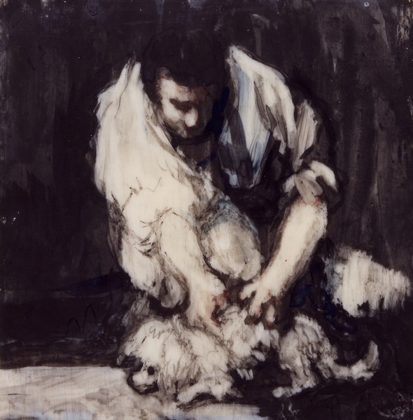 Hombre espulgando a un pequeño perro