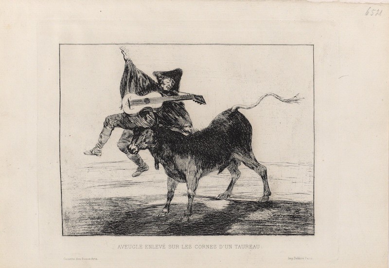 Blind man swept away on the horns of a bull (Aveugle enlevé sur les cornes d'un toreau)