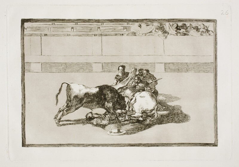 A bullfighter falls from his horse underneath the bull.