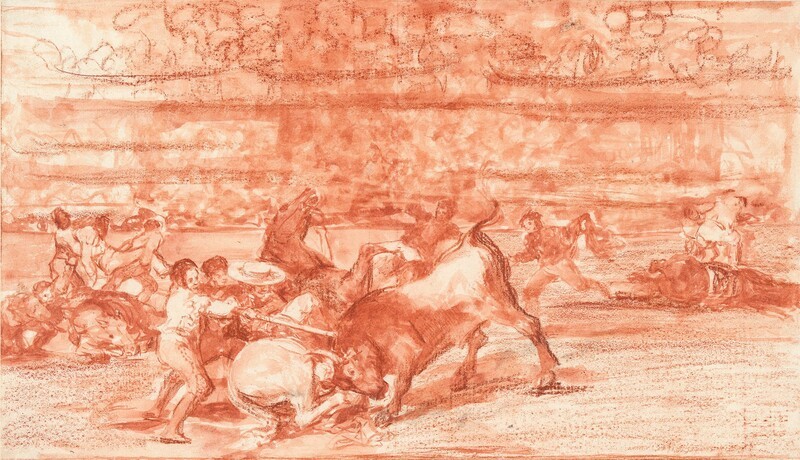 Dos grupos de picadores arrollados de seguida por un solo toro (dibujo preparatorio 2)