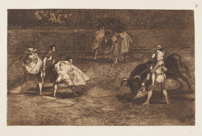 Varilarguero on the shoulders of a pimp, stinging a bull (Bullfighting D) 