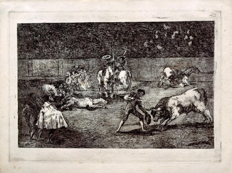 A bullfighter entering to kill with a hat in his hand instead of a crutch (Bullfighting I)