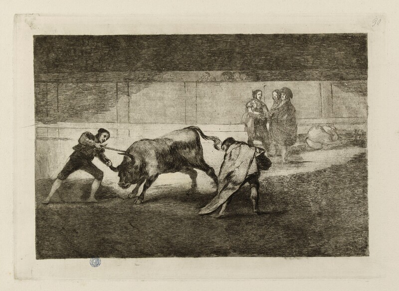 Un matador hunde el estoque agarrando al toro por un cuerno (Tauromaquia L)