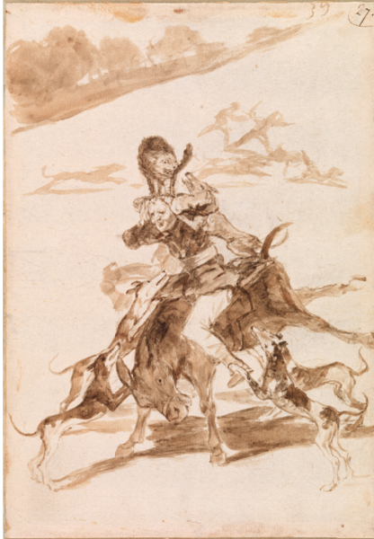 Hombre sobre un asno, con un gato en la cabeza, perseguido por los perros (F.39)