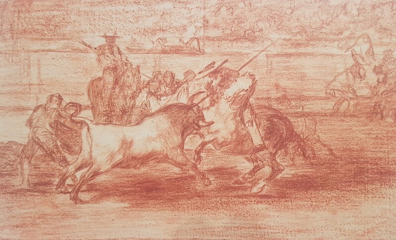 The hard-working Rendón stinging a bull whose fate killed him in the bullring in Madrid (preparatory drawing).