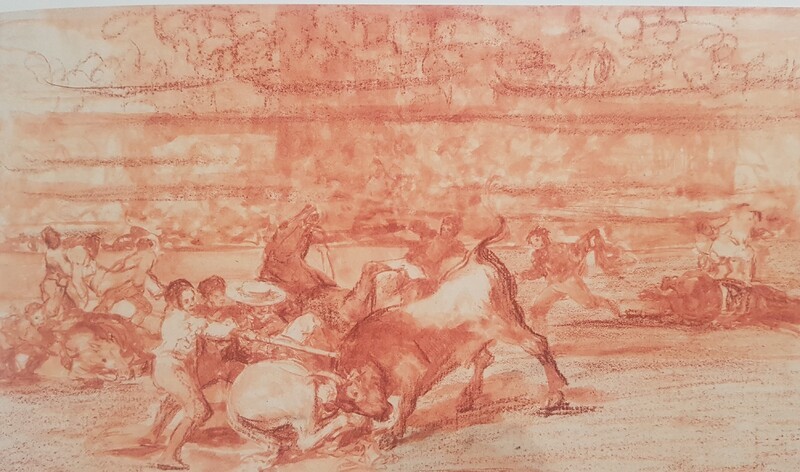 Two groups of bullfighters being run over at once by a single bull (preparatory drawing 2).