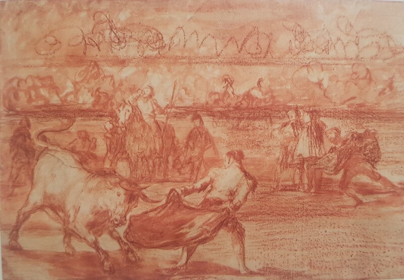 A right-handed bullfighter fighting from the front from behind (Bullfighting K) (preparatory drawing)