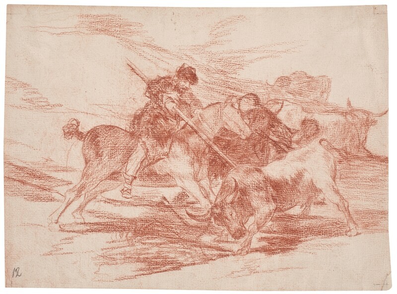 How the ancient Spaniards hunted bulls on horseback in the countryside (preparatory drawing)