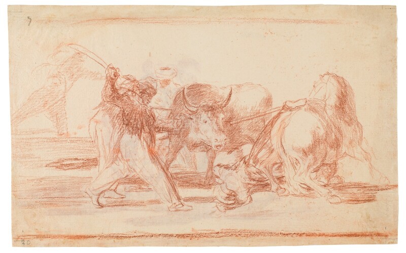 The Moors settled in Spain, dispensing with the superstitions of their Alcoran, adopted this hunting and art, and they throw a bull in the field (preparatory drawing).